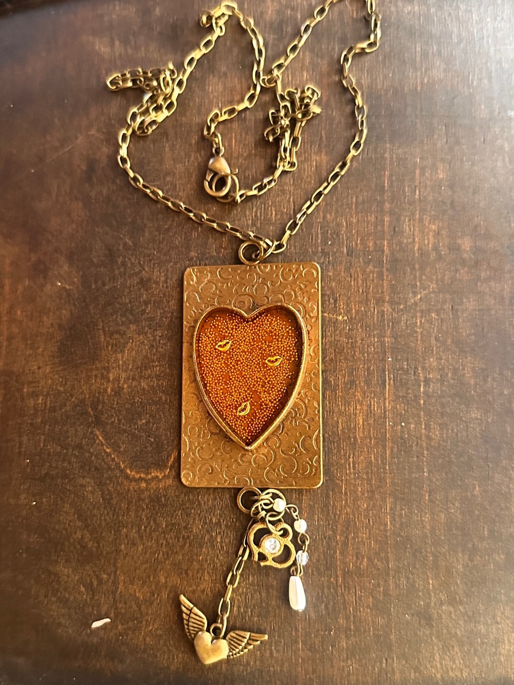 Hand Crafted Antique Bronze “Lips of Gold” Heart Pendant Necklace